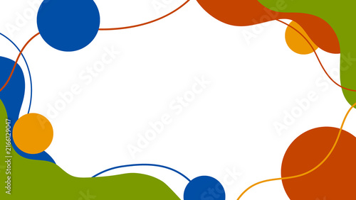 A minimalist background featuring colorful fluid shapes and curved lines arranged in a frame composition with a white center space for text placement in a modern design style.