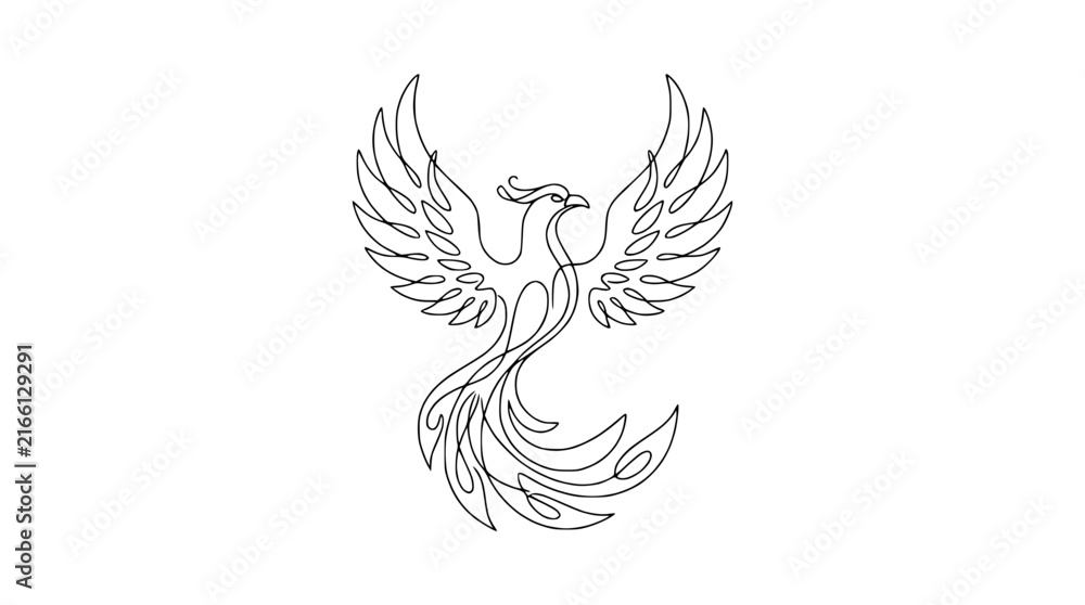 Fototapeta premium Elegant Phoenix Bird Line Art Drawing Isolated on Transparent Background
