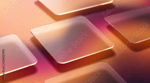 Modern glassmorphism background with floating translucent frosted glass panels over warm sunset grainy gradient