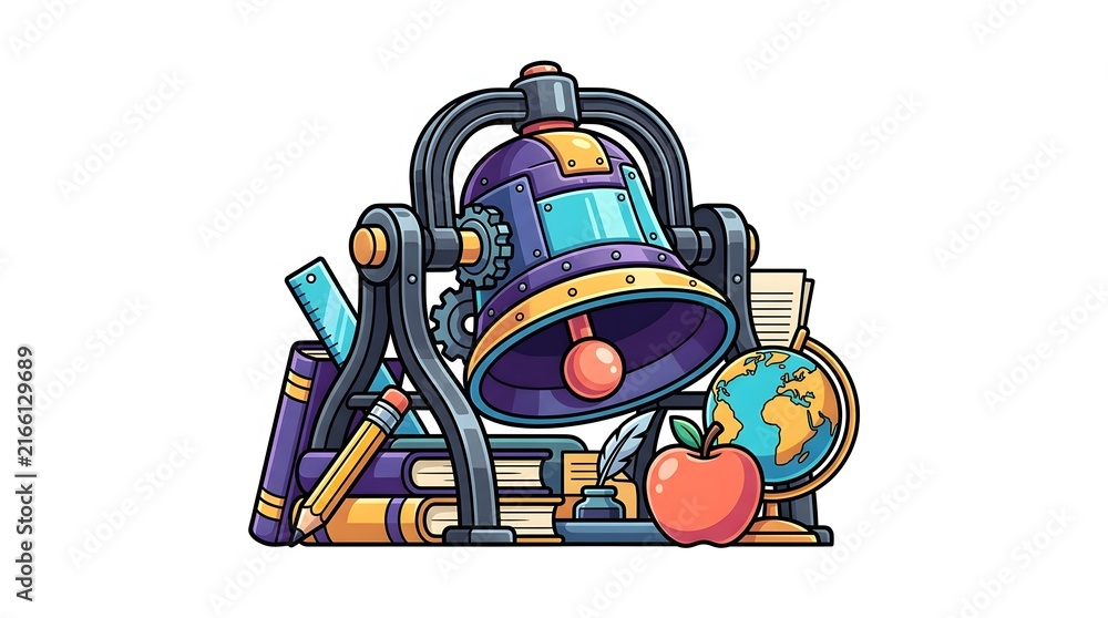 Fototapeta premium Mechanical school bell with books globe pencil and red apple education concept