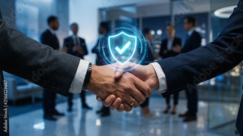 Secured Deal: Two businessmen in suits shake hands, sealing a deal with a glowing shield icon symbolizing security and trust.