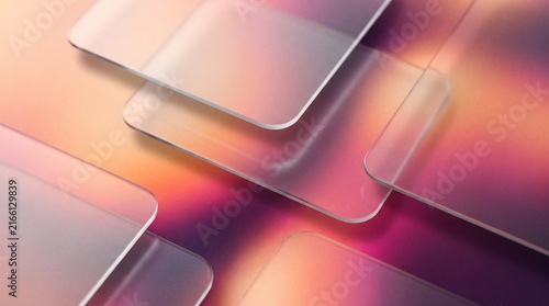 Modern glassmorphism background with floating translucent frosted glass panels over warm sunset grainy gradient