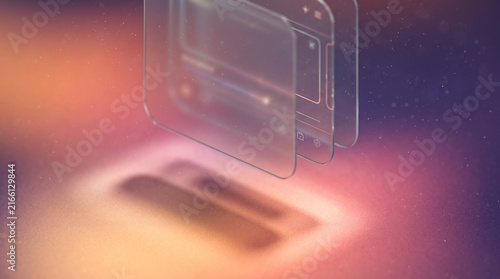 Modern glassmorphism background with floating translucent frosted glass panels over warm sunset grainy gradient