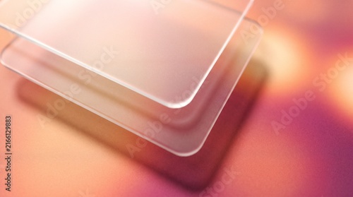 Modern glassmorphism background with floating translucent frosted glass panels over warm sunset grainy gradient