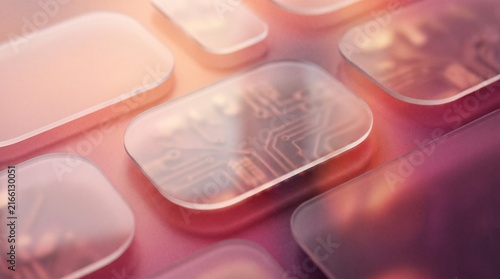 Modern glassmorphism background with floating translucent frosted glass panels over warm sunset grainy gradient