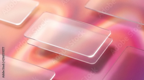 Modern glassmorphism background with floating translucent frosted glass panels over warm sunset grainy gradient