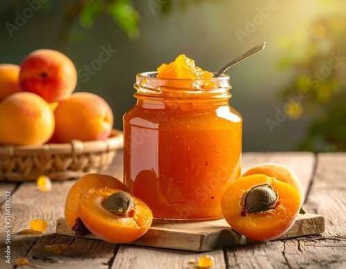 Apricot jam jar on rustic wooden table.