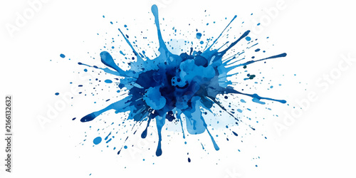 Blue Ink Splashes and Watercolor Paint Splatter on White Background with Liquid Drops, Drips, Grunge Texture and Abstract Artistic Decorative Elements