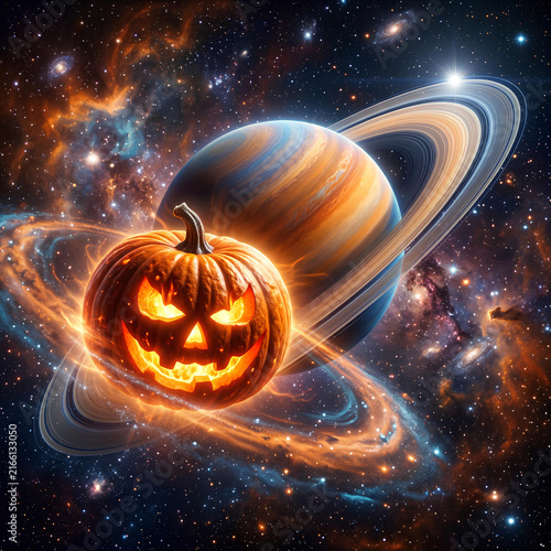 Halloween pumpkin floating near ringed planet in deep space.