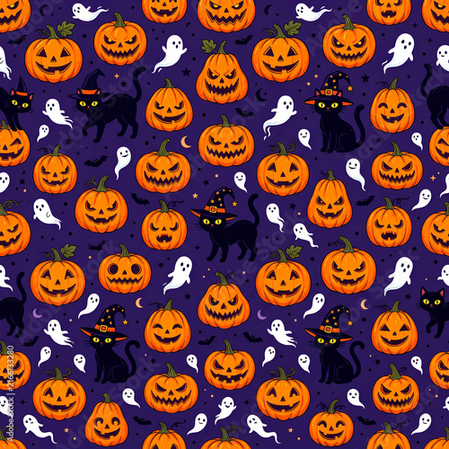Halloween seamless pattern with pumpkins and ghosts.