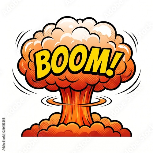 Comic book style explosion illustration with the word boom written in bold yellow letters on white background