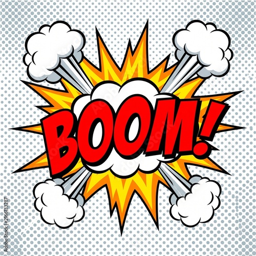 Colorful comic book style explosion graphic with the word boom written in bold red letters on halftone background