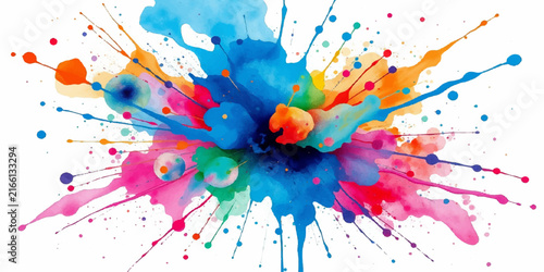 Abstract Colorful Watercolor Background with Vibrant Ink Splashes, Paint Splatters, Rainbow Colors, Artistic Grunge Texture and Decorative Elements on White Background
