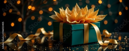 Emerald green gift box with big gold bow. Premium luxury holiday present banner.