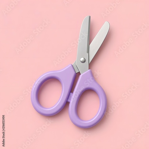 Minimalist purple scissors on pink background. Creative craft and office tool flat lay.