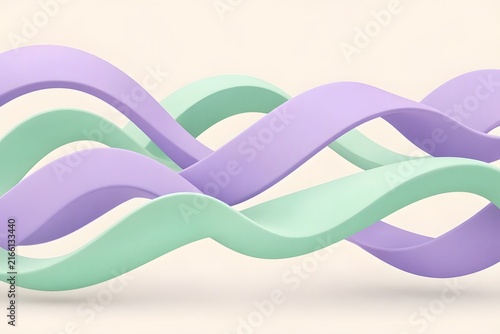Abstract pastel fluid waves 3D render. Minimalist purple and mint green soft ribbons background.