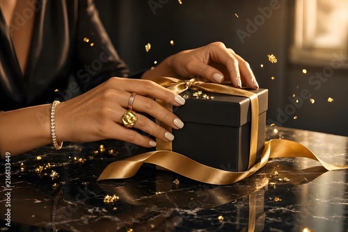 Woman hands opening luxury black gift box with gold ribbon. Elegant present celebration close up.