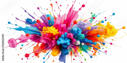 Colorful Ink Splashes and Artistic Paint Splatters on White Background for Vibrant Abstract Design, Floral Decoration, Rainbow Pattern and Creative Celebration Artwork