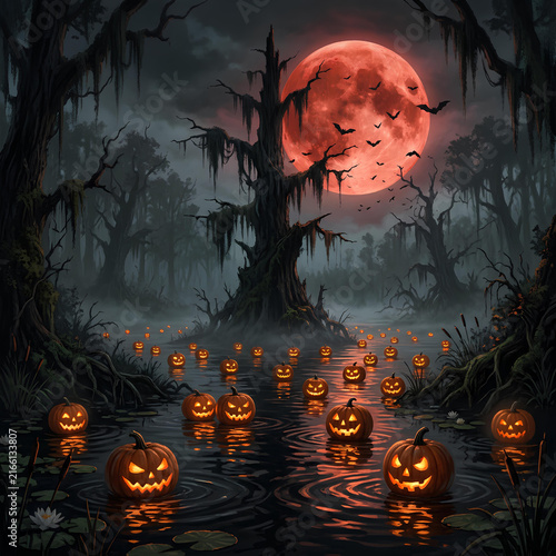 Haunted swamp with floating pumpkins and red moon.