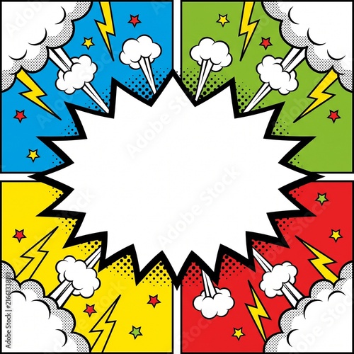 Colorful comic book background with a blank speech bubble and lightning bolts in a pop art style