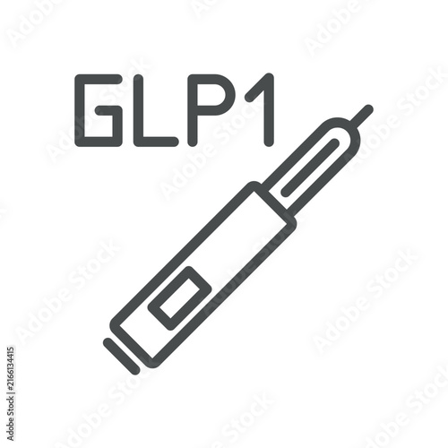 GLP-1 Injection icon. Injection pen marked GLP1 for diabetes and weight loss medicine. Simple thin line outline vector illustration. Editable stroke. Pixel Perfect. 