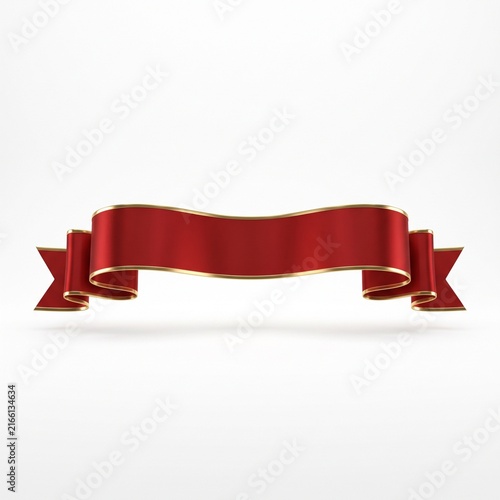 Elegant red vintage ribbon banner with gold edges isolated on a white background for festive design