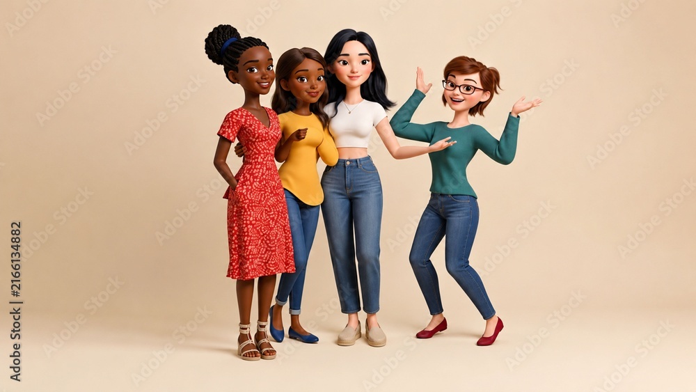 Naklejka premium Cute 3D animated character design of multiracial female friends smiling on a neutral background celebrating friendship and diversity