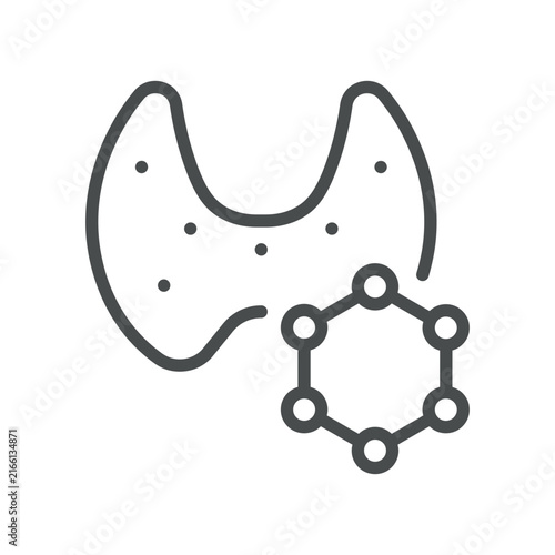 Thyroid Hormones icon. Thyroid gland with hormone molecule for T3 and T4. Simple thin line outline vector illustration. Editable stroke. Pixel Perfect. 