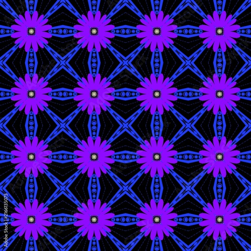 seamless geometric pattern Dynamic seamless pattern with vibrant purple flowers and intricate blue geometric grid on black background