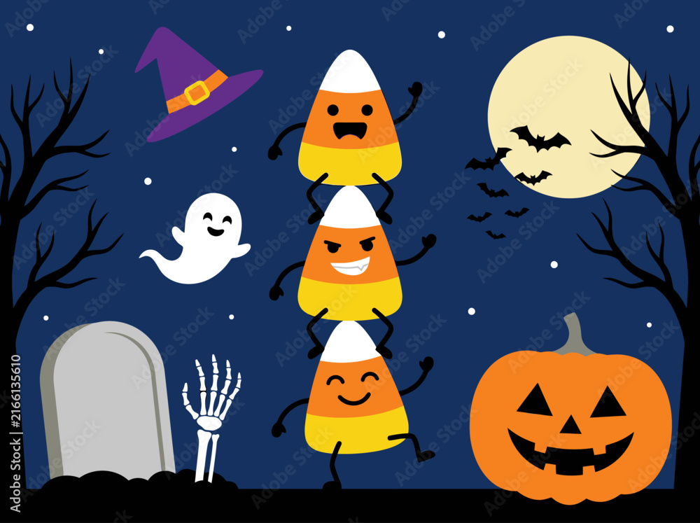Naklejka premium Cute Halloween Illustration Featuring Stacked Candy Corn, Pumpkin, Ghost and Cemetery Background