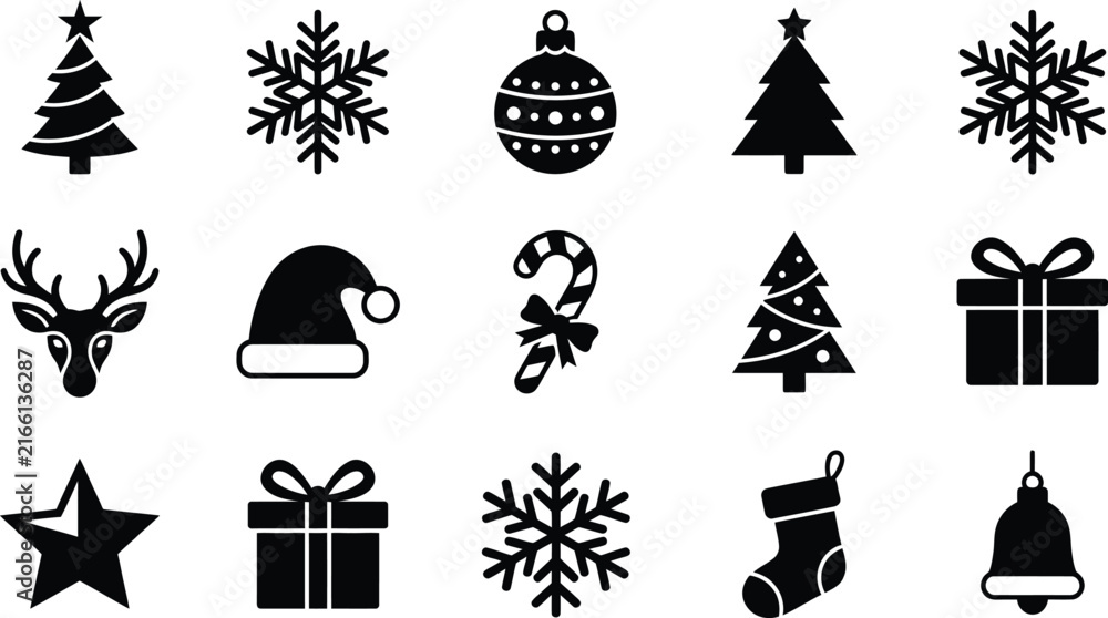 Naklejka premium Grid set of black silhouette christmas icons featuring trees snowflakes gifts and holiday symbols holiday collection winter symbols pine tree gift box santa hat