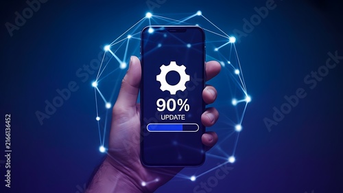 Obraz na płótnie Smartphone software update concept with 90 percent progress and digital network