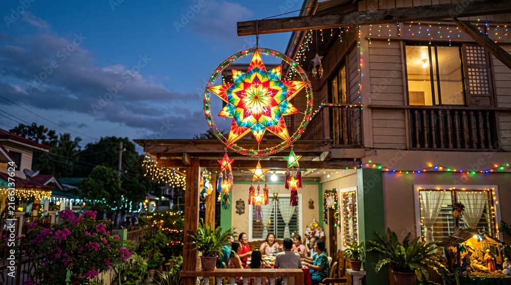 Fototapeta premium Colorful Star Lantern Gracefully Hanging Amidst Evening Festivities, Casting a Warm Glow Over a Family Home Gathering, Symbolizing Joy and Cultural Celebration
