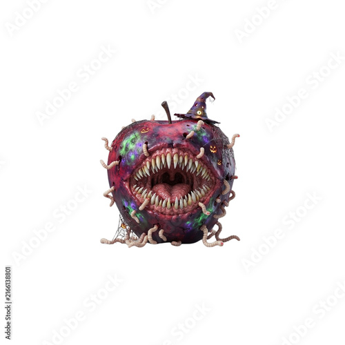 Haunted Apple With a Mouth Full of Tiny Teeth and Worm-Like Legs, surreal Halloween food 3D cartoon, sharp clean details, crisp vivid colors, on white background