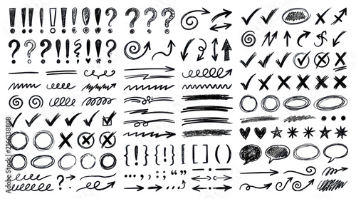 Hand-drawn sketchy doodles set including check marks, exclamation marks, question marks, and arrows