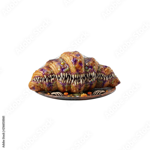 Creepy Croissant With Tiny Sharp Teeth Growing Along the Layers, surreal Halloween food 3D cartoon, sharp clean details, crisp vivid colors, on white background