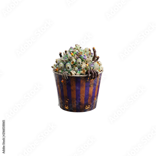 Haunted Popcorn Bucket With Tiny Ghost Faces Hidden Between the Popcorn, creepy Halloween food 3D cartoon, sharp clean details, crisp vivid colors, on white background