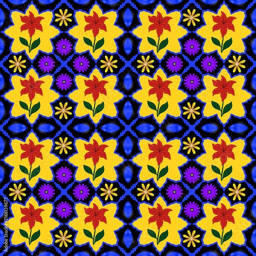 seamless floral pattern Vibrant folk art floral seamless pattern with red lilies purple blossoms and yellow stars on a black background