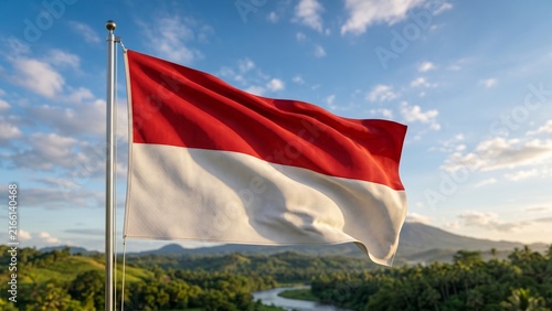 Indonesian Flag Waving Proudly Over a Scenic River Valley with Mountain Background. 