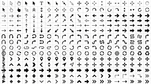 Large collection of black cursor and arrow vector icons for UI web design navigation interface set