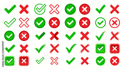 Check Mark and Cross Mark Vector Set, Green Tick and Red X Icons for Success Failure Validation and Web UI Design