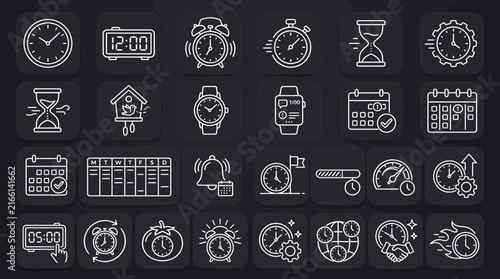 Time Management and Productivity Icon Set Vector White Line Icons on Dark Background
