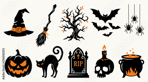 Halloween silhouette icon set, spooky black and orange holiday elements, creepy graveyard and witch vector illustrations for party decor