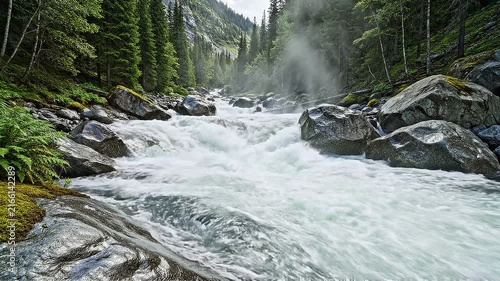 Scenic View of a Powerful Rushing River Flowing Through a Lush Green Alpine Forest Landscape with Mist and Large Granite Boulders