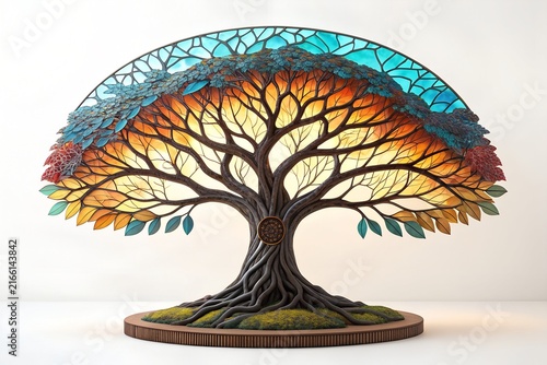 Decorative handmade tree sculpture with colorful mosaic glass canopy on wood