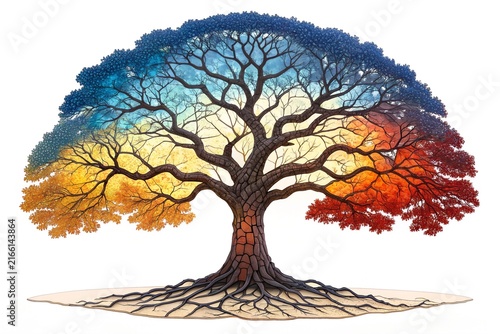 Large spreading tree with colorful foliage and exposed roots