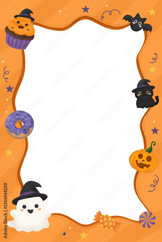 Fototapeta premium Cute Orange Halloween Frame with Witch Black Cat and Ghost. Cute orange Halloween vertical frame with wavy stitched border featuring cute ghost in witch hat, black cat, pumpkin cupcake, doughnut, bat.