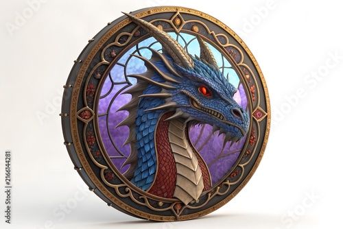 Round decorative plaque featuring a detailed blue dragon head profile