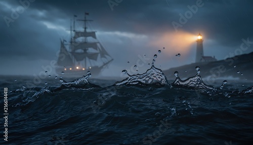 Cinematic sailing ship in stormy ocean at night, glowing lighthouse on rocky coast, dramatic sea splash and dark waves