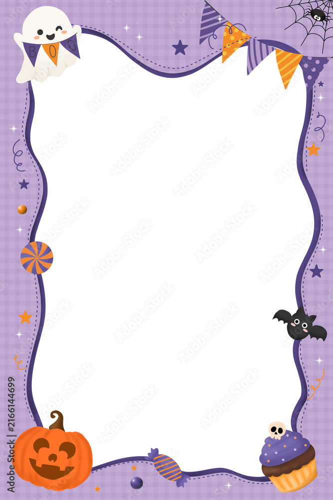 Fototapeta premium Cute Purple Halloween Frame with Bunting Flag and Ghost. Cute purple Halloween frame template decorated with bunting party flags, cute ghost holding Boo sign, pumpkin, cupcake, bat, spiderweb. 